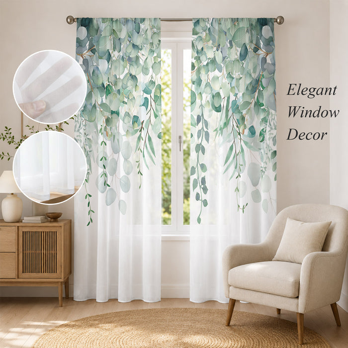 Bedliving Sheer Curtains Inches Long 2 Panels Sage Green Eucalyptus Leaves Light Filtering Voile Drapes Rod Pocket for Bedroom Living Room Decor