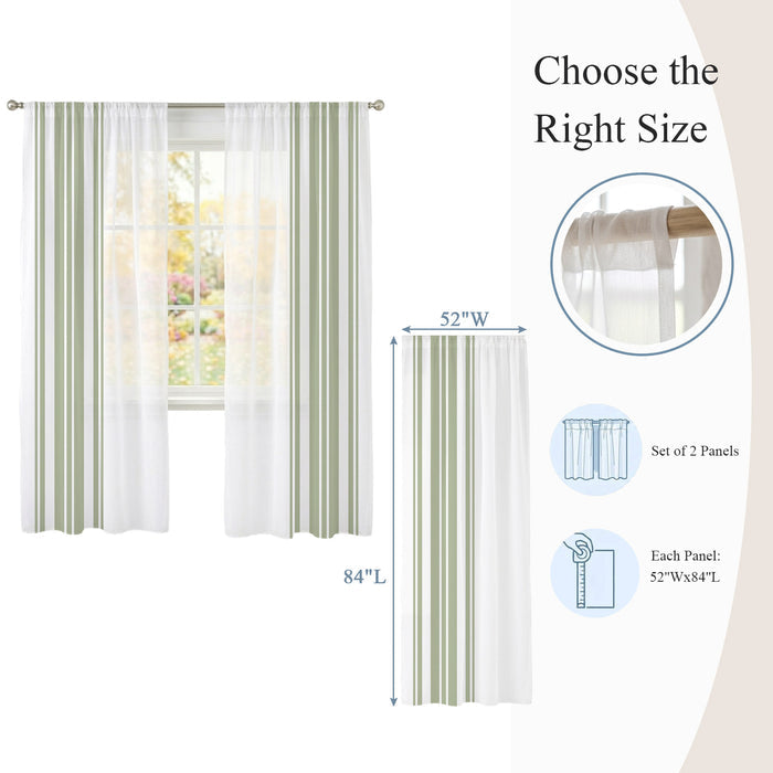 Bedliving Sheer Curtains Inches Long 2 Panels Sage Green Stripes Light Filtering Voile Drapes Rod Pocket for Bedroom Living Room Decor