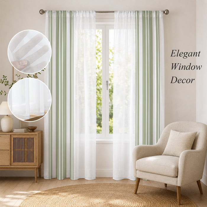 Bedliving Sheer Curtains Inches Long 2 Panels Sage Green Stripes Light Filtering Voile Drapes Rod Pocket for Bedroom Living Room Decor