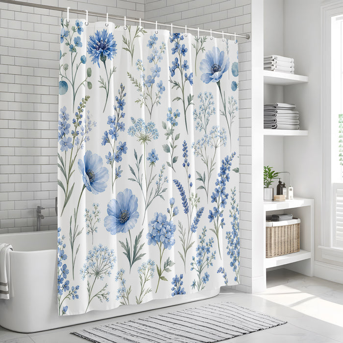 Bedliving Shower Curtain for Bathroom Blue Wildflowers Decorative Shower Curtains Set with 12 Hooks Stems Bath Curtain Waterproof Fabric 72x72 inch