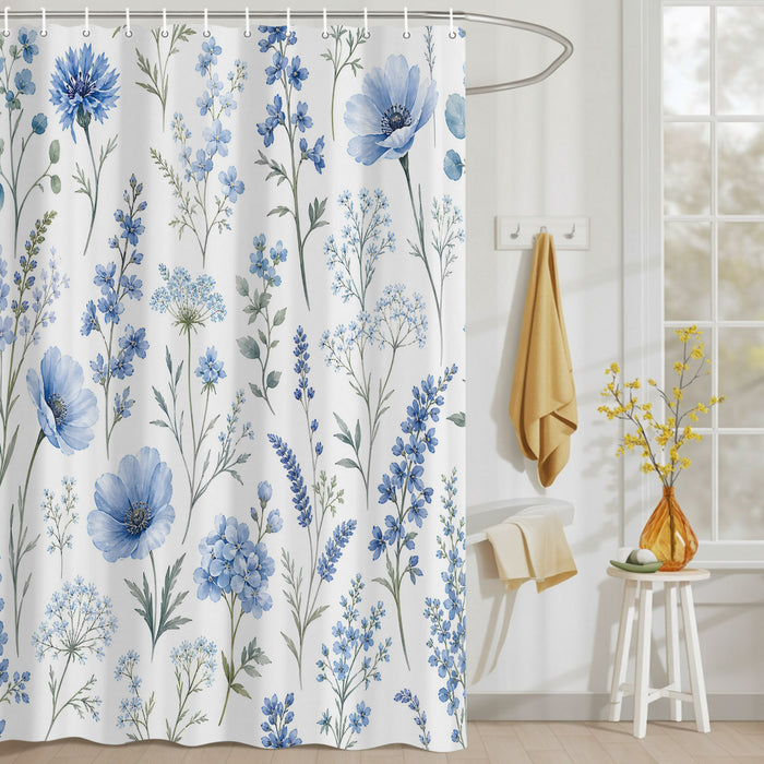 Bedliving Shower Curtain for Bathroom Blue Wildflowers Decorative Shower Curtains Set with 12 Hooks Stems Bath Curtain Waterproof Fabric 72x72 inch