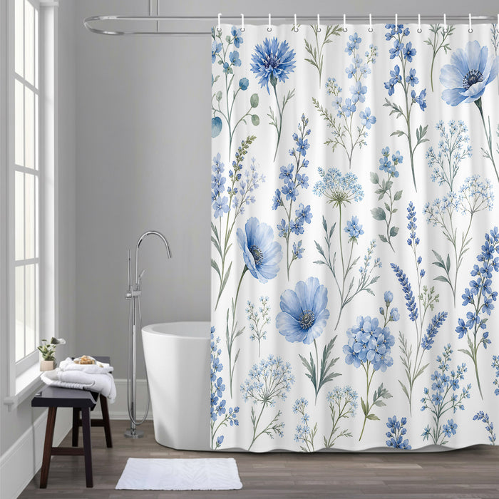 Bedliving Shower Curtain for Bathroom Blue Wildflowers Decorative Shower Curtains Set with 12 Hooks Stems Bath Curtain Waterproof Fabric 72x72 inch