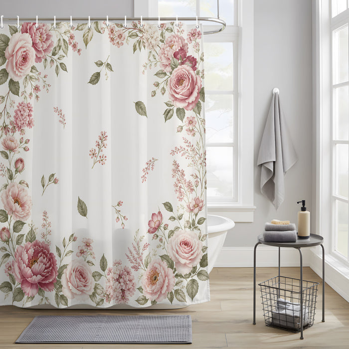 Bedliving Shower Curtain for Bathroom Pink Roses Decorative Shower Curtains Set with 12 Hooks Peonies Border Bath Curtain Waterproof Fabric 72x72 inch