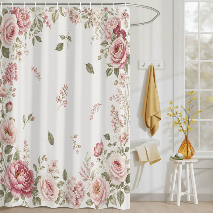 Bedliving Shower Curtain for Bathroom Pink Roses Decorative Shower Curtains Set with 12 Hooks Peonies Border Bath Curtain Waterproof Fabric 72x72 inch
