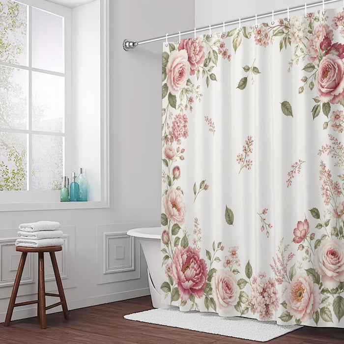Bedliving Shower Curtain for Bathroom Pink Roses Decorative Shower Curtains Set with 12 Hooks Peonies Border Bath Curtain Waterproof Fabric 72x72 inch