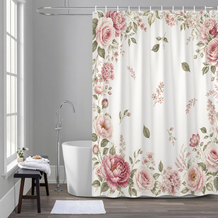 Bedliving Shower Curtain for Bathroom Pink Roses Decorative Shower Curtains Set with 12 Hooks Peonies Border Bath Curtain Waterproof Fabric 72x72 inch