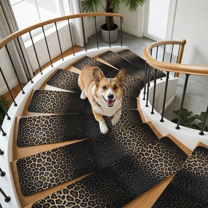 Bedliving Stair Treads for Wooden Steps, 15 Pack 8"x30" Non Slip Peel and Stick Carpet Stair Treads for Dogs, Black Leopard Print