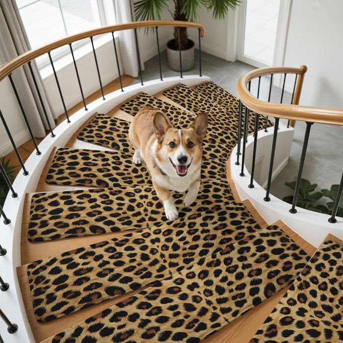 Bedliving Stair Treads for Wooden Steps, 15 Pack 8"x30" Non Slip Peel and Stick Carpet Stair Treads for Dogs, Retro Brown Leopard Print