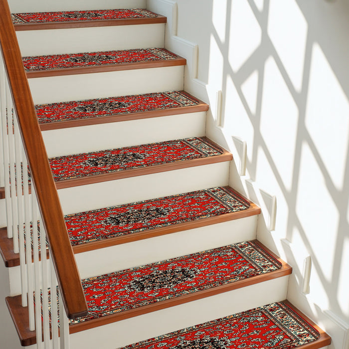 Bedliving Stair Treads for Wooden Steps, 15 Pack 8"x30" Non Slip Peel and Stick Carpet Stair Treads for Dogs, Red Bohemian Boho Tribe Texture