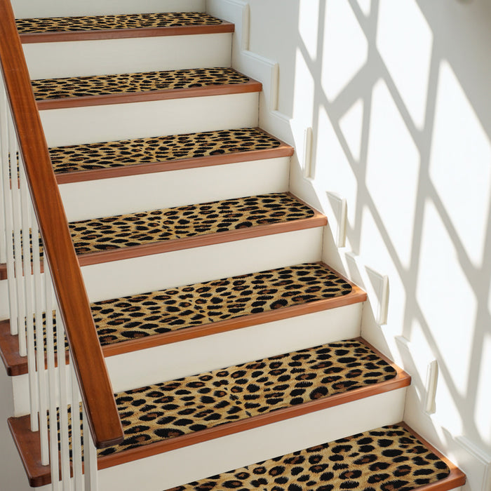 Bedliving Stair Treads for Wooden Steps, 15 Pack 8"x30" Non Slip Peel and Stick Carpet Stair Treads for Dogs, Retro Brown Leopard Print
