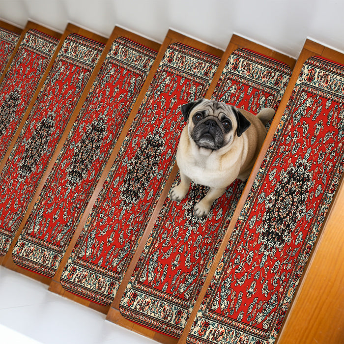 Bedliving Stair Treads for Wooden Steps, 15 Pack 8"x30" Non Slip Peel and Stick Carpet Stair Treads for Dogs, Red Bohemian Boho Tribe Texture