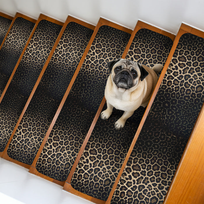 Bedliving Stair Treads for Wooden Steps, 15 Pack 8"x30" Non Slip Peel and Stick Carpet Stair Treads for Dogs, Black Leopard Print