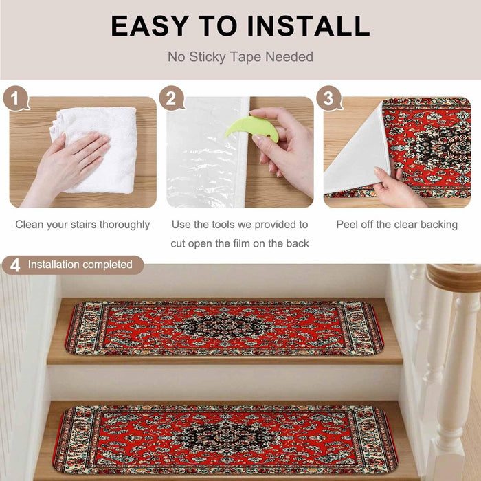 Bedliving Stair Treads for Wooden Steps, 15 Pack 8"x30" Non Slip Peel and Stick Carpet Stair Treads for Dogs, Red Bohemian Boho Tribe Texture