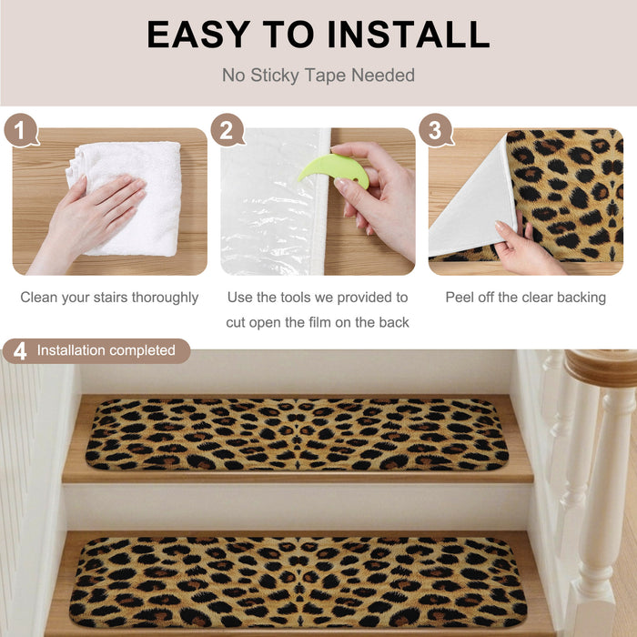 Bedliving Stair Treads for Wooden Steps, 15 Pack 8"x30" Non Slip Peel and Stick Carpet Stair Treads for Dogs, Retro Brown Leopard Print