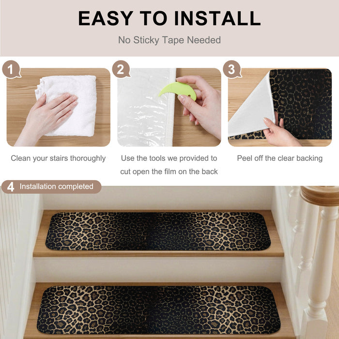 Bedliving Stair Treads for Wooden Steps, 15 Pack 8"x30" Non Slip Peel and Stick Carpet Stair Treads for Dogs, Black Leopard Print