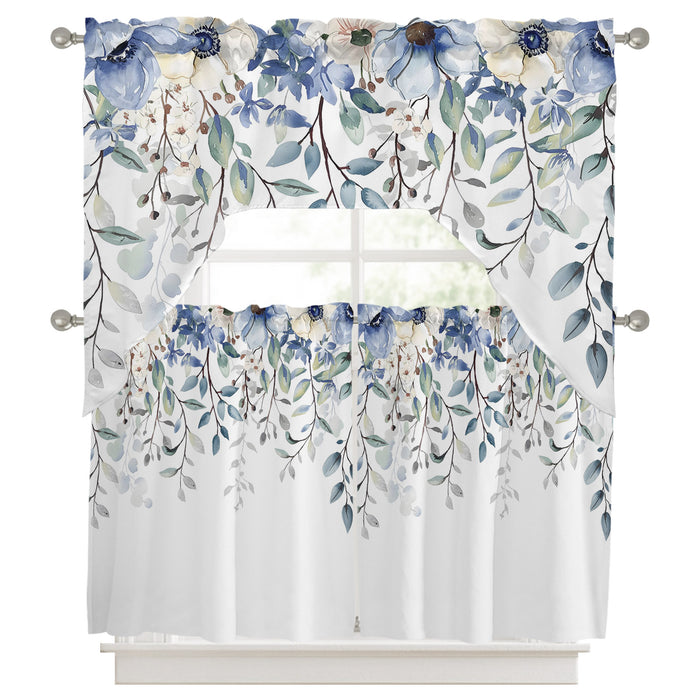 Bedliving Swag Valance for Blue Flowers & Floral Eucalyptus Leaves Kitchen Bathroom Over
