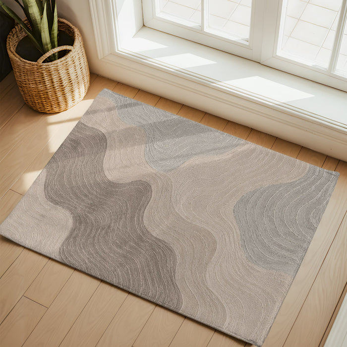 Bedliving Washable Area Rug, Gray Beige Contour Line Abstract Low Pile for