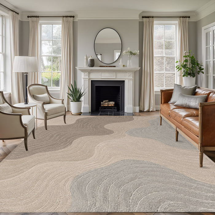 Bedliving Washable Area Rug, Gray Beige Contour Line Abstract Low Pile for