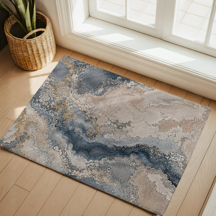 Bedliving x Washable Area Rug, Blue Gray Beige Layered Abstract Low Pile for