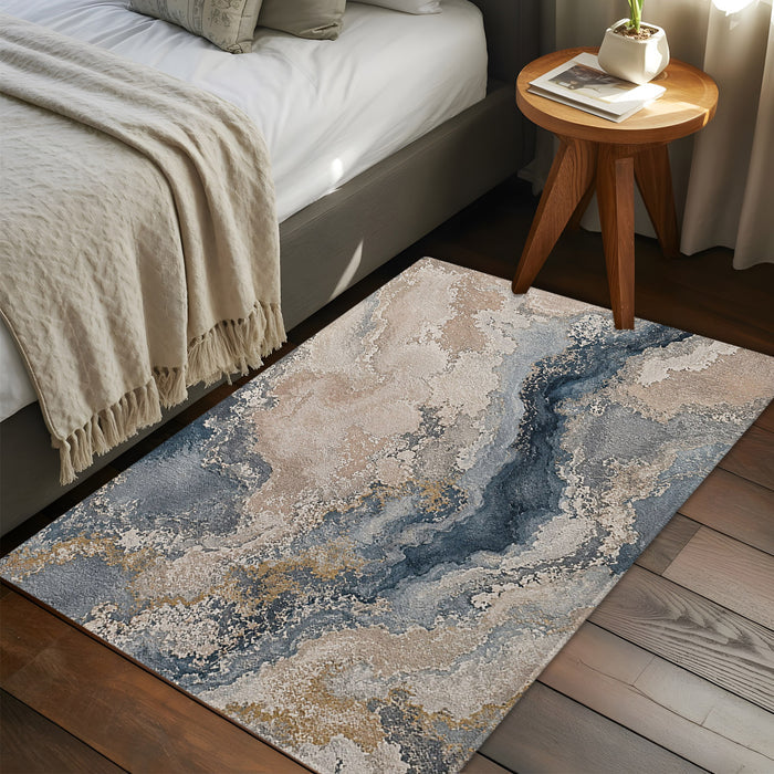 Bedliving x Washable Area Rug, Blue Gray Beige Layered Abstract Low Pile for