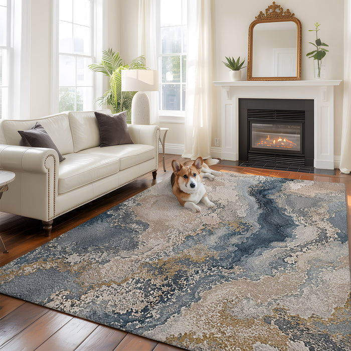 Bedliving x Washable Area Rug, Blue Gray Beige Layered Abstract Low Pile for