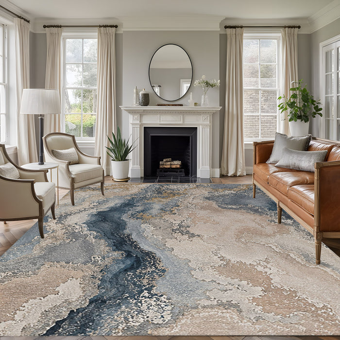Bedliving x Washable Area Rug, Blue Gray Beige Layered Abstract Low Pile for