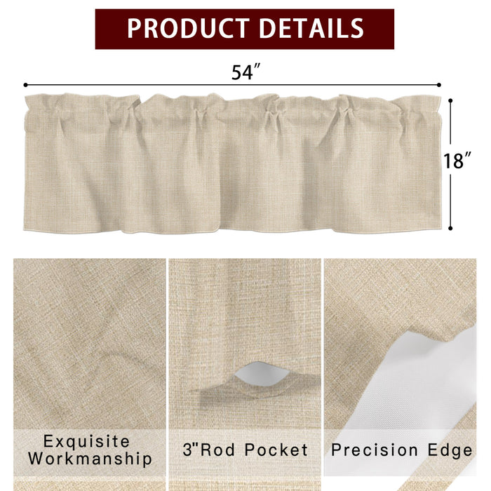 Beige Linen Texture Kitchen Window Valance Curtain, Solid Color Rod Pocket Light Filtering Window Topper, 54 x 18 Inch, 1 Panel