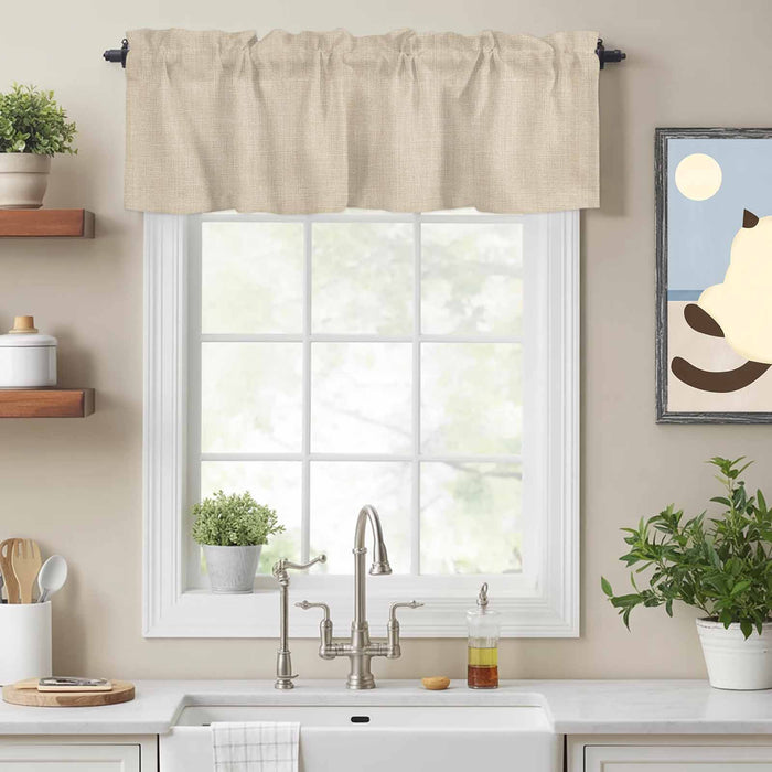 Beige Linen Texture Kitchen Window Valance Curtain, Solid Color Rod Pocket Light Filtering Window Topper, 54 x 18 Inch, 1 Panel