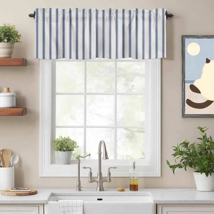 Blue Stripe Kitchen Window Valance Curtain, Vertical Striped Rod Pocket Light Filtering Window Topper, 54 x 18 Inch, 1 Panel