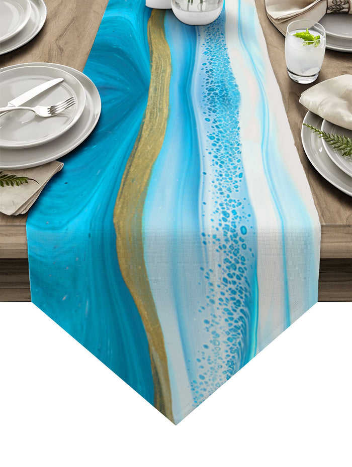Blue Watercolor Gradient Marble Texture Table Runner Place Mats Sharp Angle - LeobonZone