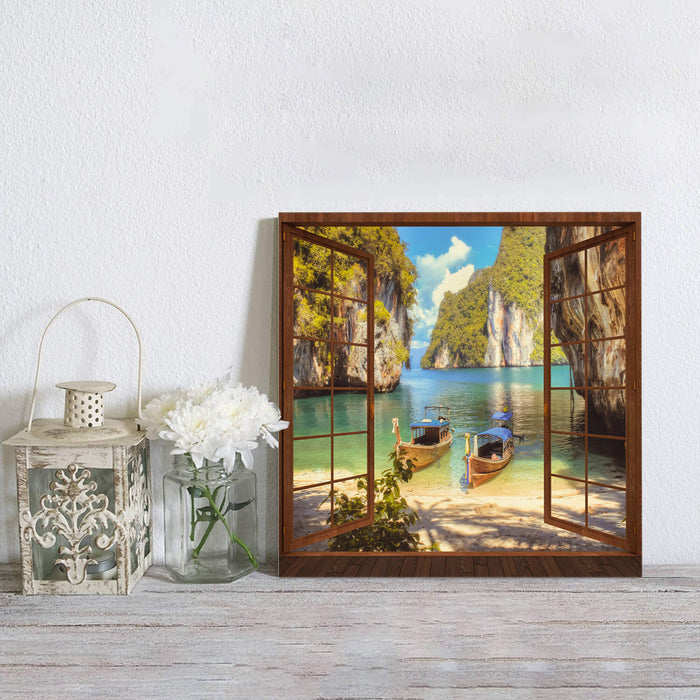 Windows glass fishing boats mountains beach Canvas painting - LeobonZone