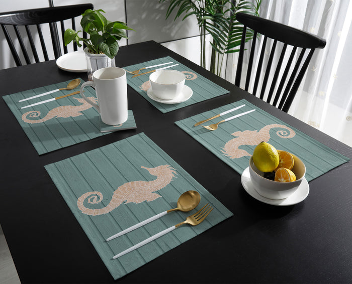 Cyan wood grain background seahorse Personalized Table Placemats - LeobonZone