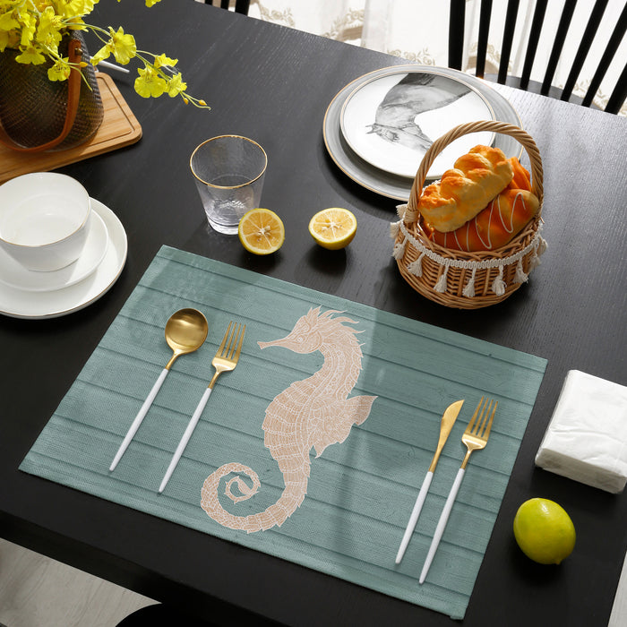 Cyan wood grain background seahorse Personalized Table Placemats - LeobonZone