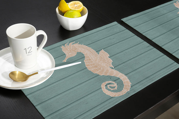 Cyan wood grain background seahorse Personalized Table Placemats - LeobonZone