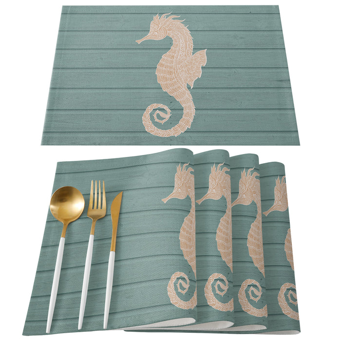 Cyan wood grain background seahorse Personalized Table Placemats - LeobonZone