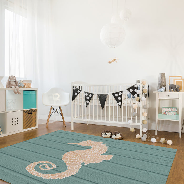 Cyan wood grain background seahorse Right Angle Felt Rugs - LeobonZone