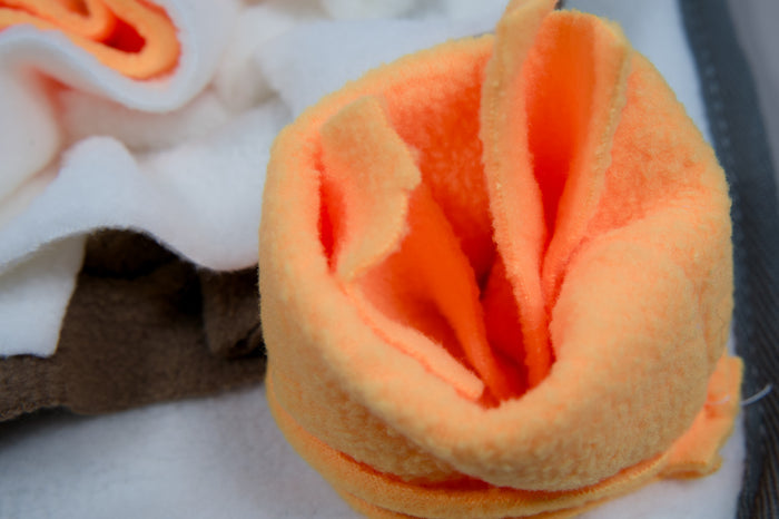 Enlarged view of an orange flower of the feeding mat.|Vue agrandie d'une fleur orange du tapis à renifler.