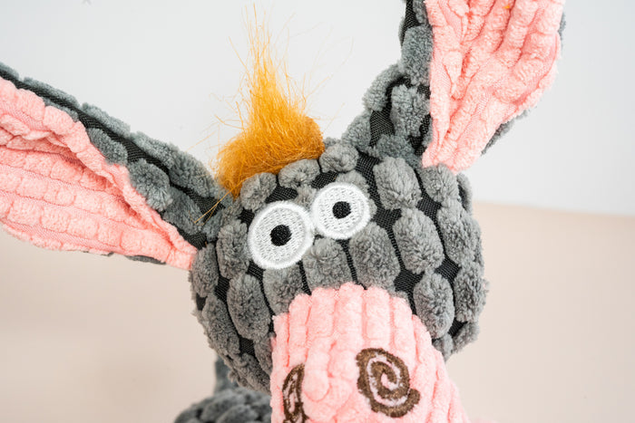 Close-up view of donkey plush face with rope neck. | Vue rapprochée du visage en peluche d'âne avec cou en corde.