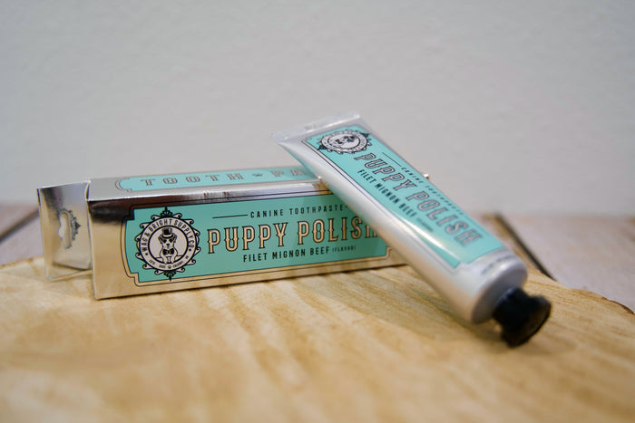 Canine toothpaste with filet mignon flavor tube and packaging.|Tube de dentifrice pour chiens saveur filet mignon et son emballage.