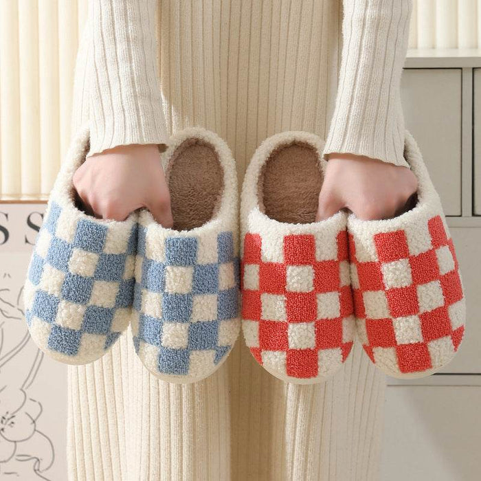 Fuzzy Plaid Warm Indoor Slippers - Goodlifebean Shoes