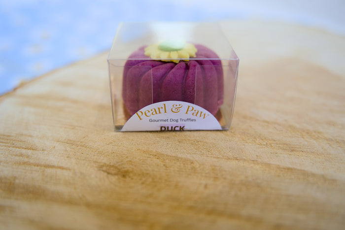 Purple dog truffle in a clear packaging box on a wooden surface with a blue gradient background.|Une truffe pour chien de couleur violette dans une boîte d'emballage transparente, posée sur une surface en bois avec un fond dégradé bleu.