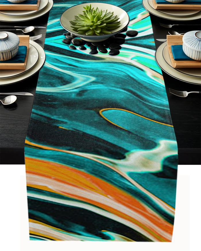 Green Oil painting marble texture Table Runner Place Mats - LeobonZone