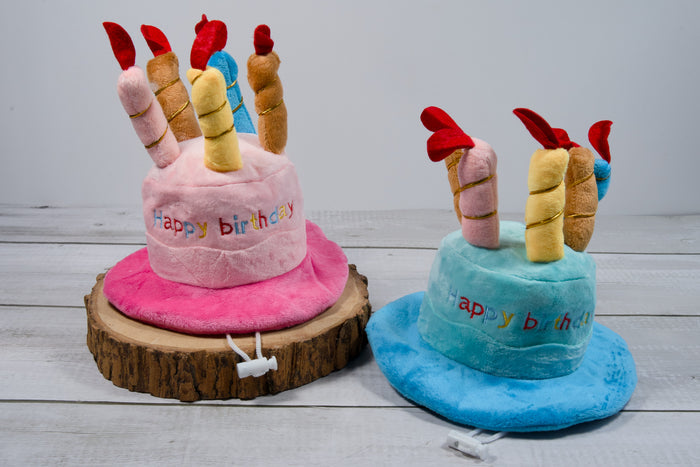 Small and medium-sized pet Happy Birthday plush hat.|Chapeau de fête pour animaux de petite et moyenne taille.