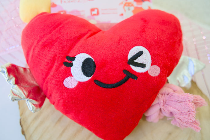 Red heart-shaped plush toy for dogs with a smiling face on a light pink background.|Peluche rouge en forme de cœur pour chiens, avec un visage souriant, sur un fond rose clair.