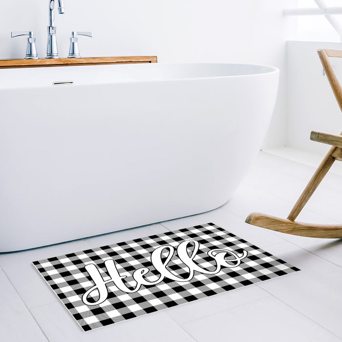 Hello black and white gray plaid background Non-Slip Waterproof  Doormat - LeobonZone