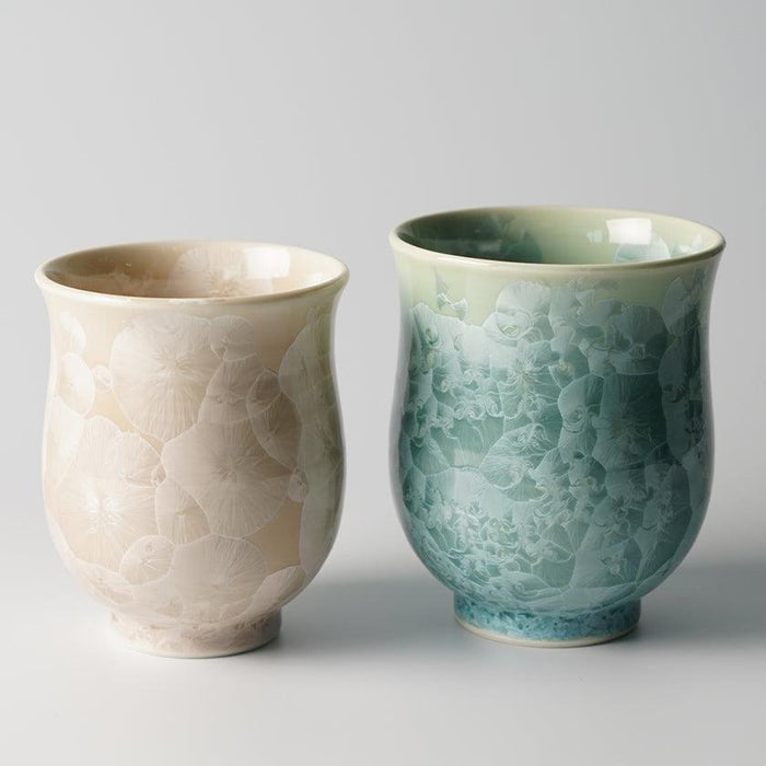 Pair of crystalline glaze yunomi Japanese tea cups in beige and teal | Kyoto-Kiyomizu ware, Touan