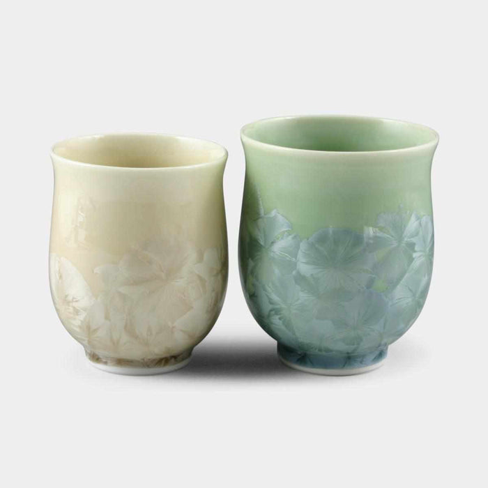 Pair of crystalline glaze yunomi tea cups in ivory and green | Kyoto-Kiyomizu ware, Touan