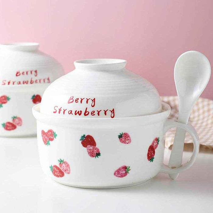 Kawaii Strawberry Ceramic Ramen Bowl with Lid - Goodlifebean home decor