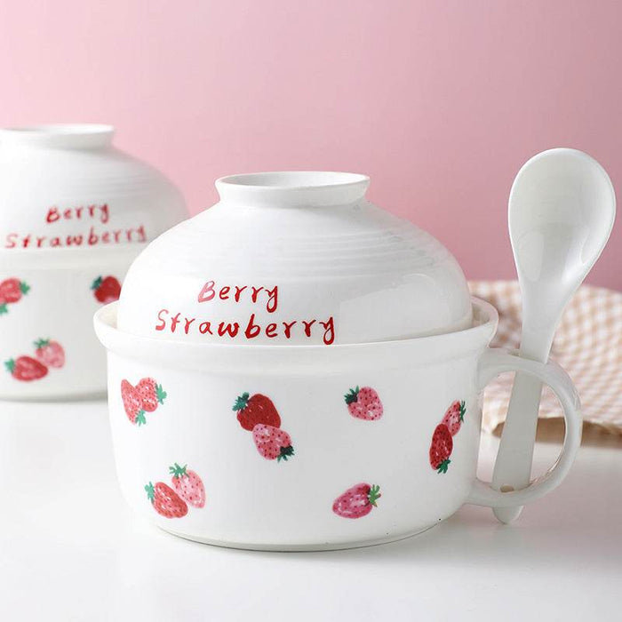 Kawaii Strawberry Ceramic Ramen Bowl with Lid - Goodlifebean home decor