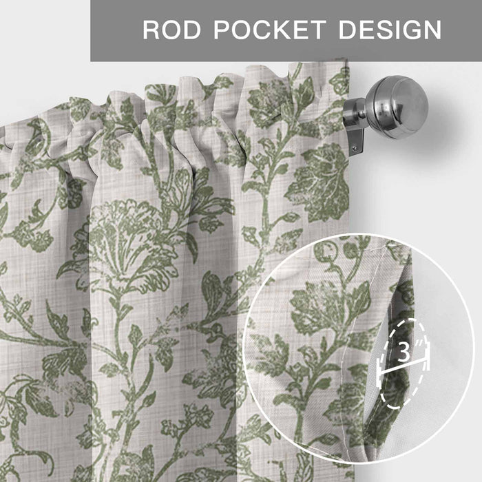 Light Green Floral Kitchen Window Valance Curtain, Retro Farmhouse Botanical Leaf Branch Rod Pocket Light Filtering Window Topper, 54 x 18 Inch, 1 Panel